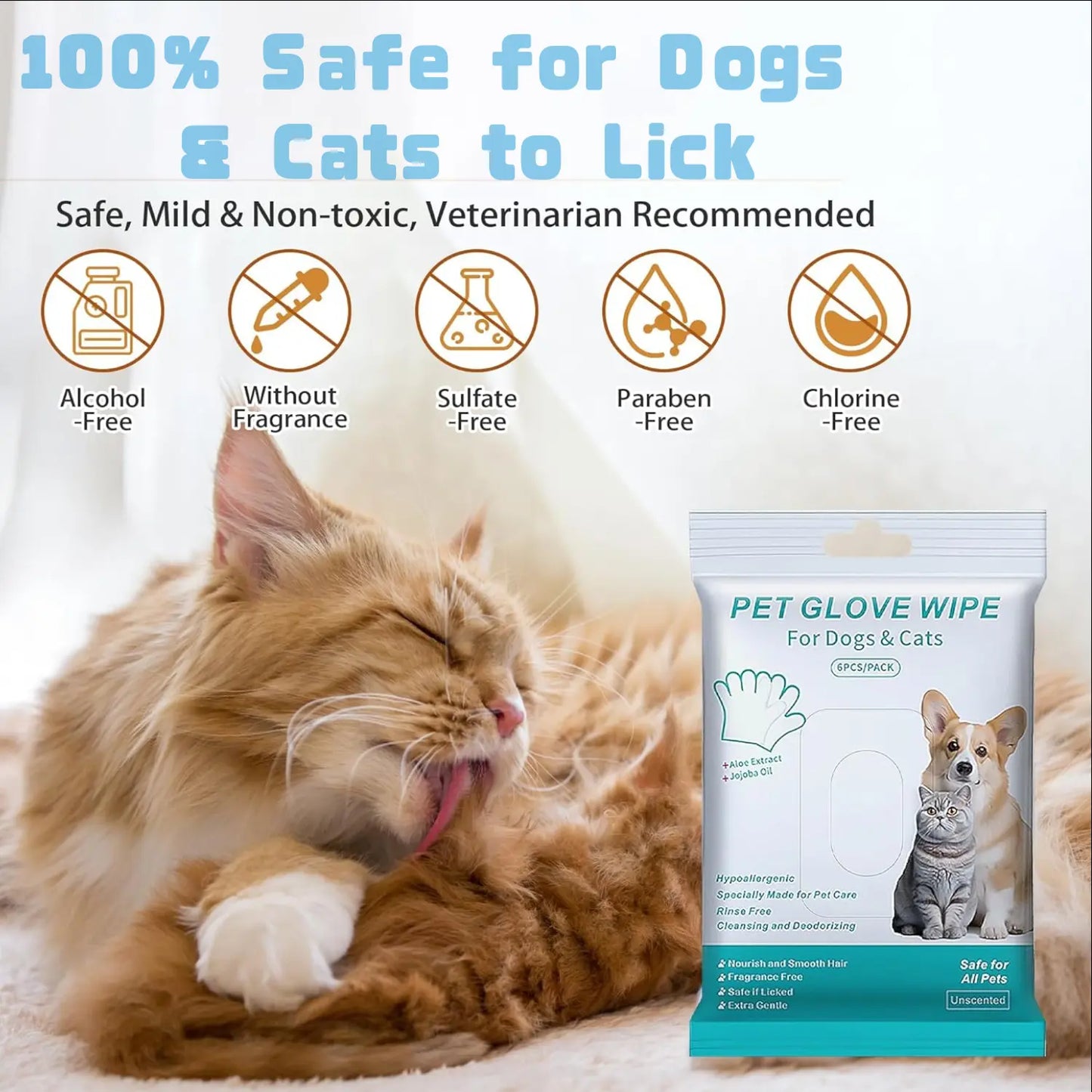 Pet Gloves and Wipes for Dogs and Cats - Dog Washing Gloves,Cat Bathing Wipes,Moisturizing and Thickening,Cleaning and Deodorizing, Hypoallergenic, No Need to Rinse, Suitable for Grooming and Travel(6 PCS)