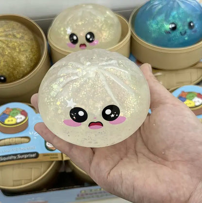 Glitter Dumpling Squishy Stress Relief Toy, Soft TPR Material, Cute Steamer Box Packaging, Summervibes Gift for Kids & Anime Fans