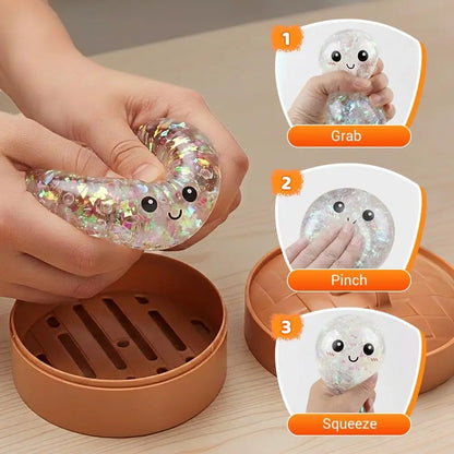 Blind Box Series Glitter Dumpling Squishy Toy with Steamer, Anxietyrelief, Surprise Unboxing, Perfect Giftchoice