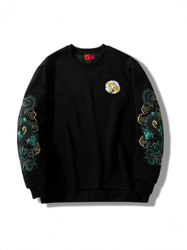 Cotton Embroidered Dragon Fleece-Lined Sweatshirt