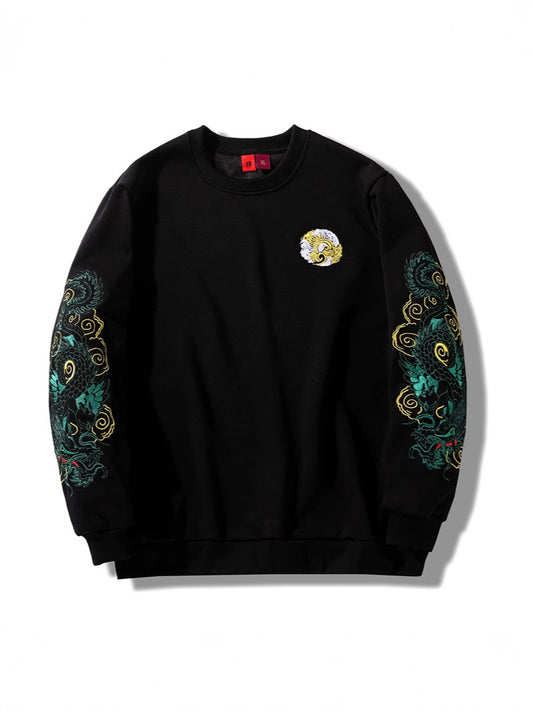 Cotton Embroidered Dragon Fleece-Lined Sweatshirt
