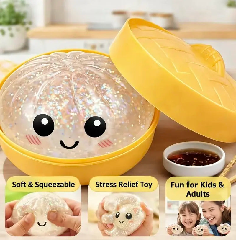 Glitter Dumpling Squishy Stress Relief Toy, Soft TPR Material, Cute Steamer Box Packaging, Summervibes Gift for Kids & Anime Fans