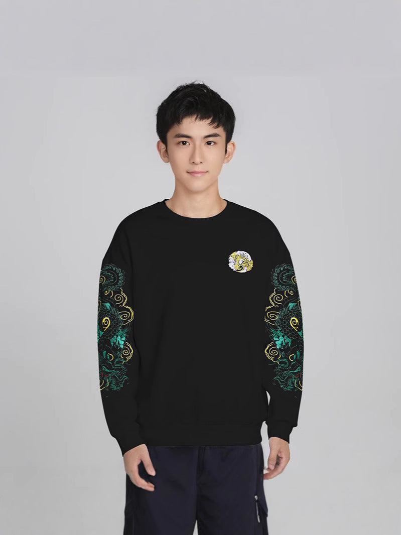 Cotton Embroidered Dragon Fleece-Lined Sweatshirt