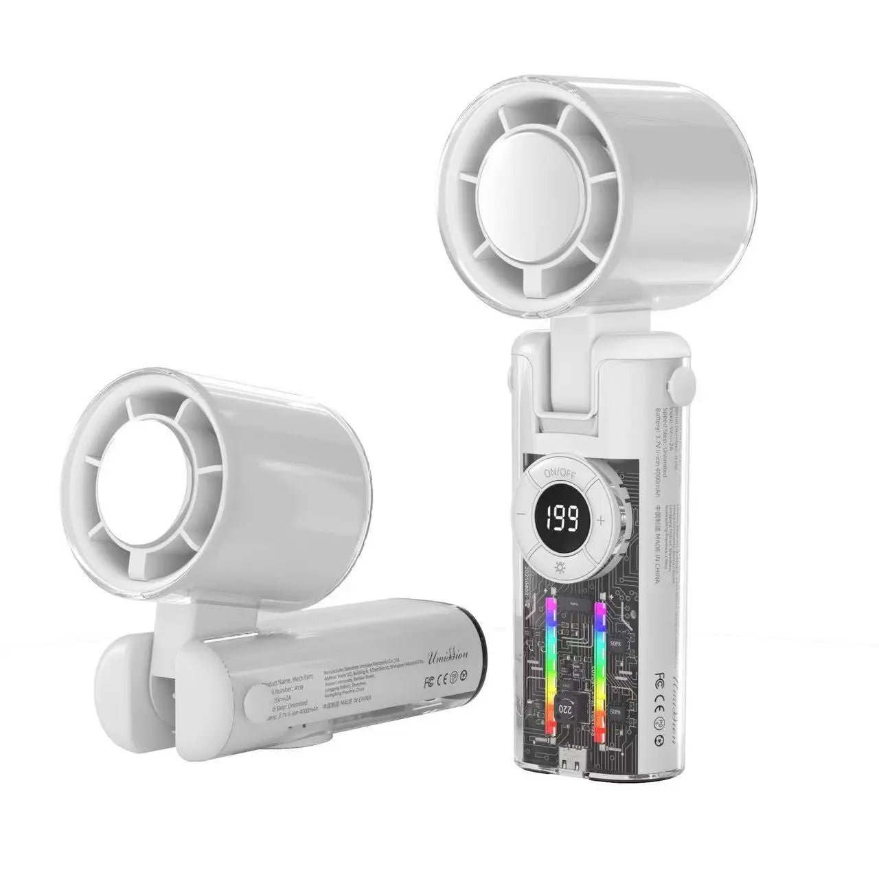 2026 Summer Cooler Pro 13000RPM Ice Handheld Fan with 199 Adjustable Speeds 4-Color Leds 3H Runtime Clearturbo Design USB-C Fast Charging - Protection 4,000 Mah