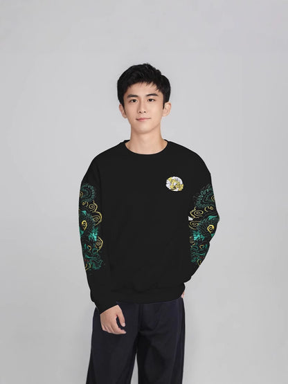 Cotton Embroidered Dragon Fleece-Lined Sweatshirt