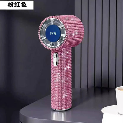 Diamond-Shimmering Luxury Fan-A Portable Handheld Turbo Fan 3 Gear Wind Rechargeable Long Battery Life Hand Fan with Digital Display for Outdoor Activities Travel Office Strong Boosting Output Long Distance Blowing