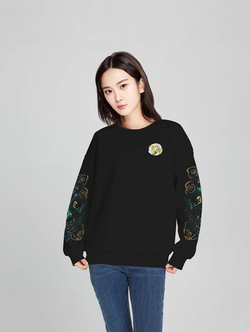 Cotton Embroidered Dragon Fleece-Lined Sweatshirt
