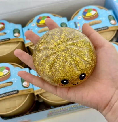Glitter Dumpling Squishy Stress Relief Toy, Soft TPR Material, Cute Steamer Box Packaging, Summervibes Gift for Kids & Anime Fans