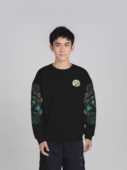 Cotton Embroidered Dragon Fleece-Lined Sweatshirt