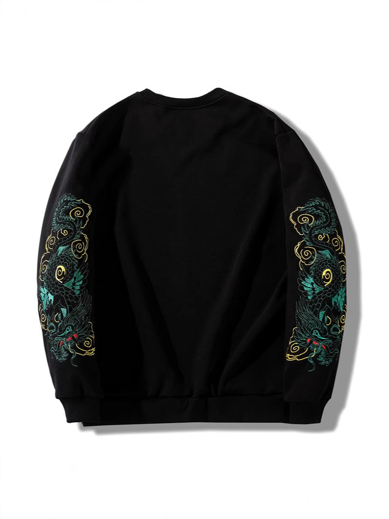 Cotton Embroidered Dragon Fleece-Lined Sweatshirt