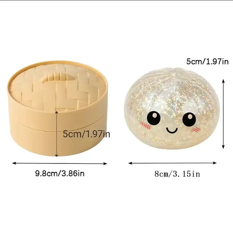 Glitter Dumpling Squishy Stress Relief Toy, Soft TPR Material, Cute Steamer Box Packaging, Summervibes Gift for Kids & Anime Fans