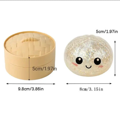 Glitter Dumpling Squishy Stress Relief Toy, Soft TPR Material, Cute Steamer Box Packaging, Summervibes Gift for Kids & Anime Fans