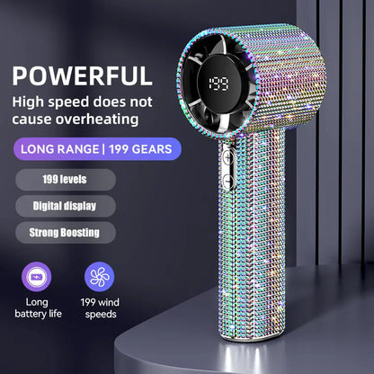 Diamond-Shimmering Luxury Fan-A Portable Handheld Turbo Fan 3 Gear Wind Rechargeable Long Battery Life Hand Fan with Digital Display for Outdoor Activities Travel Office Strong Boosting Output Long Distance Blowing
