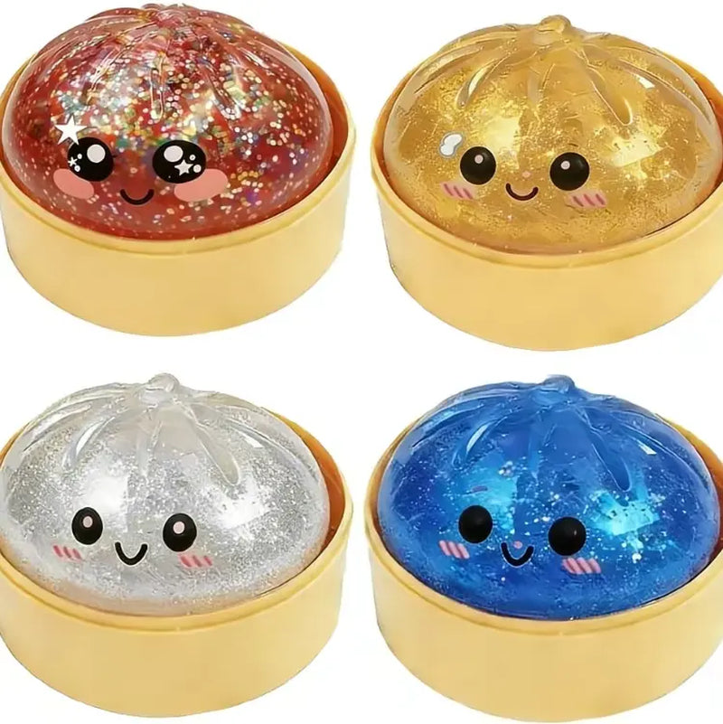 Glitter Dumpling Squishy Stress Relief Toy, Soft TPR Material, Cute Steamer Box Packaging, Summervibes Gift for Kids & Anime Fans