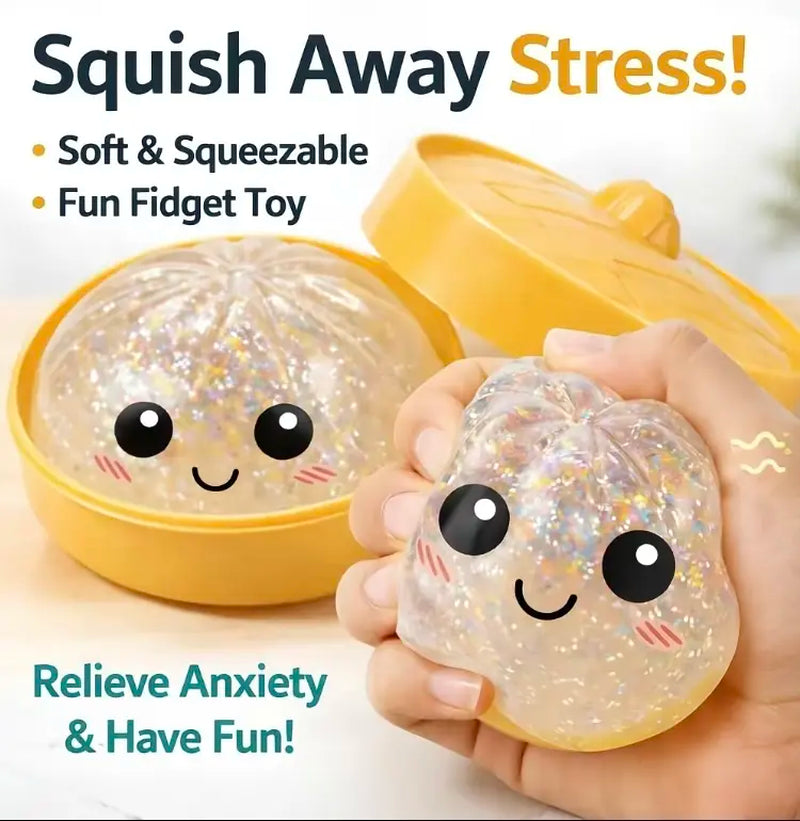Glitter Dumpling Squishy Stress Relief Toy, Soft TPR Material, Cute Steamer Box Packaging, Summervibes Gift for Kids & Anime Fans