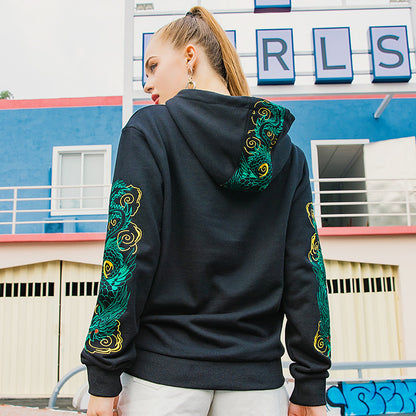Dragon-patterned embroidered hooded sweatshirt