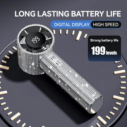 Diamond-Shimmering Luxury Fan-A Portable Handheld Turbo Fan 3 Gear Wind Rechargeable Long Battery Life Hand Fan with Digital Display for Outdoor Activities Travel Office Strong Boosting Output Long Distance Blowing